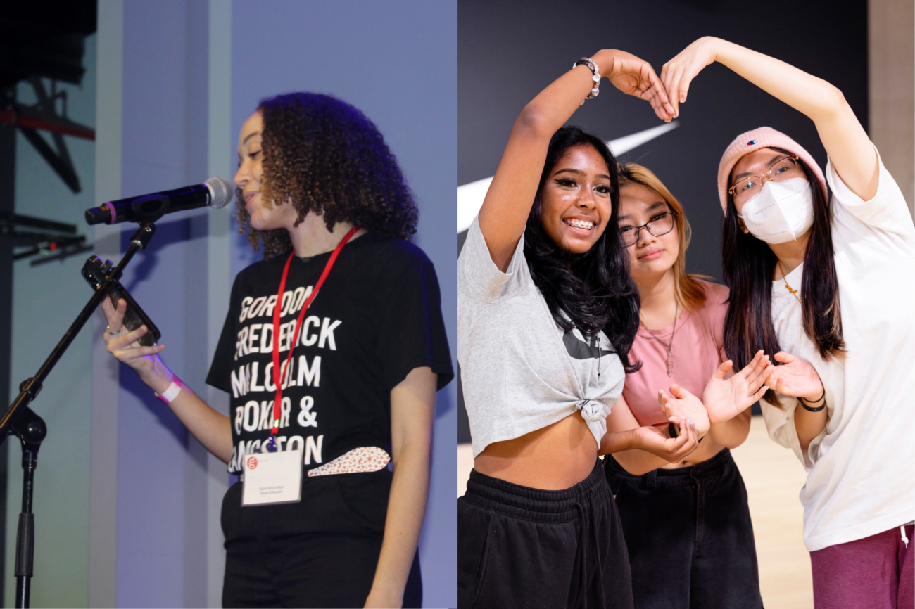 Two images, side by side: Mentee Sheyla Javier performing on stage; three mentees using their arms to create a heart in front of a black backdrop with a white Nike swoosh on it.