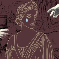 woman crying, hands outstretched, drawings of cows