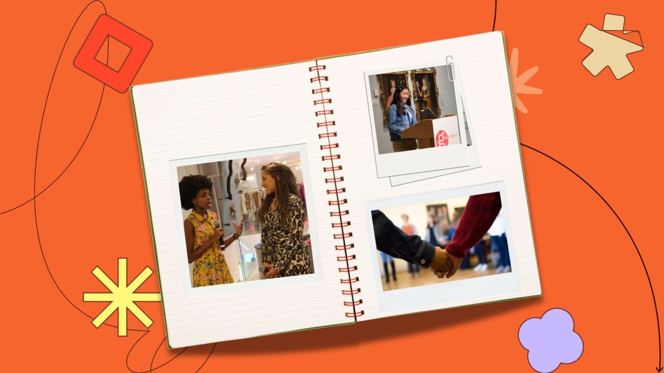 flatlay, spiral notebook with an orange background. Three images on the notebook, one of a two women talking, one of someone reading something at a podium, and the other of two people holding hands