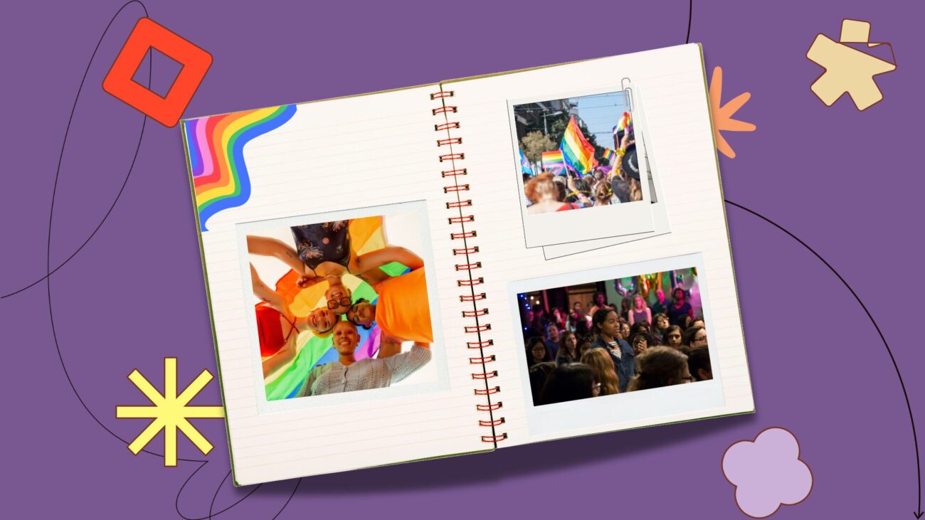 notebook with three photos of pride flags, corner has rainbow colors