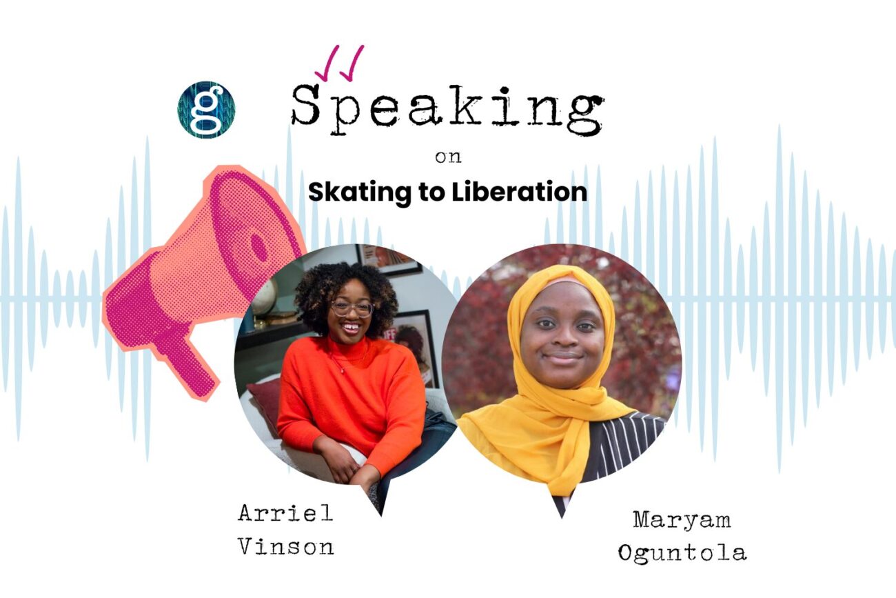 Promotional Image for Speaking in First Draft Episode on Skating to Liberation featuring Arriel Vinson and Maryam Oguntola