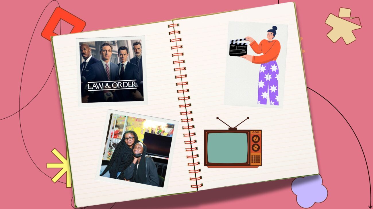 flatlay notebook with polaroids of mentor and mentee pair, Law & Order graphic, art of woman with clapper, and tv illustration against a salmon pink background with illustrative elements