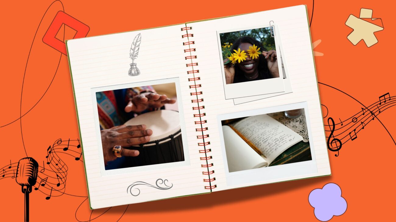Flat-lay notebook with polaroids of community members on the pages, set against an orange background with illustrative elements.