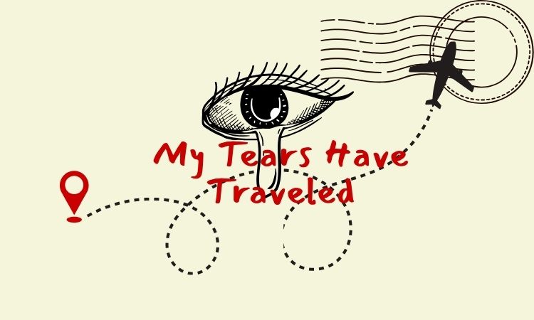 drawing of an eye over a plane traveling with the text "My Tears Have Traveled"