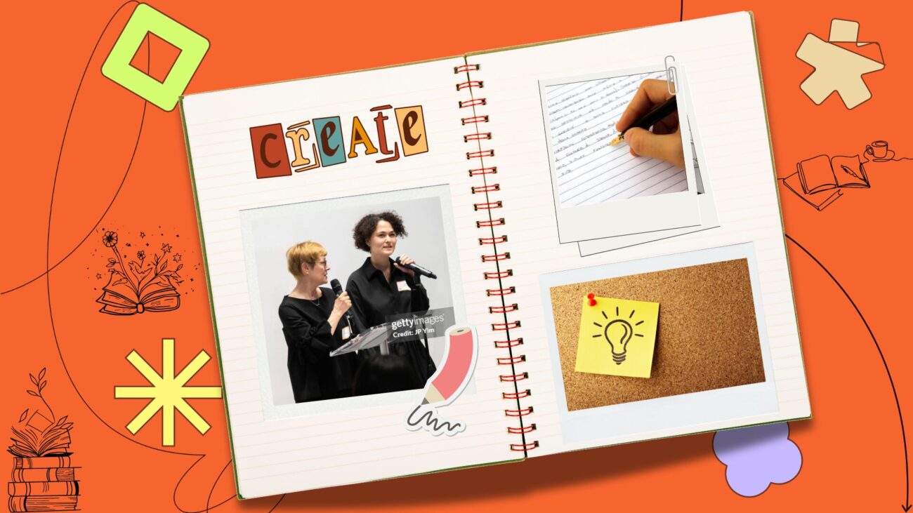 flatlay notebook with polaroids of community members on the pages, set against an orange background with illustrative elements.