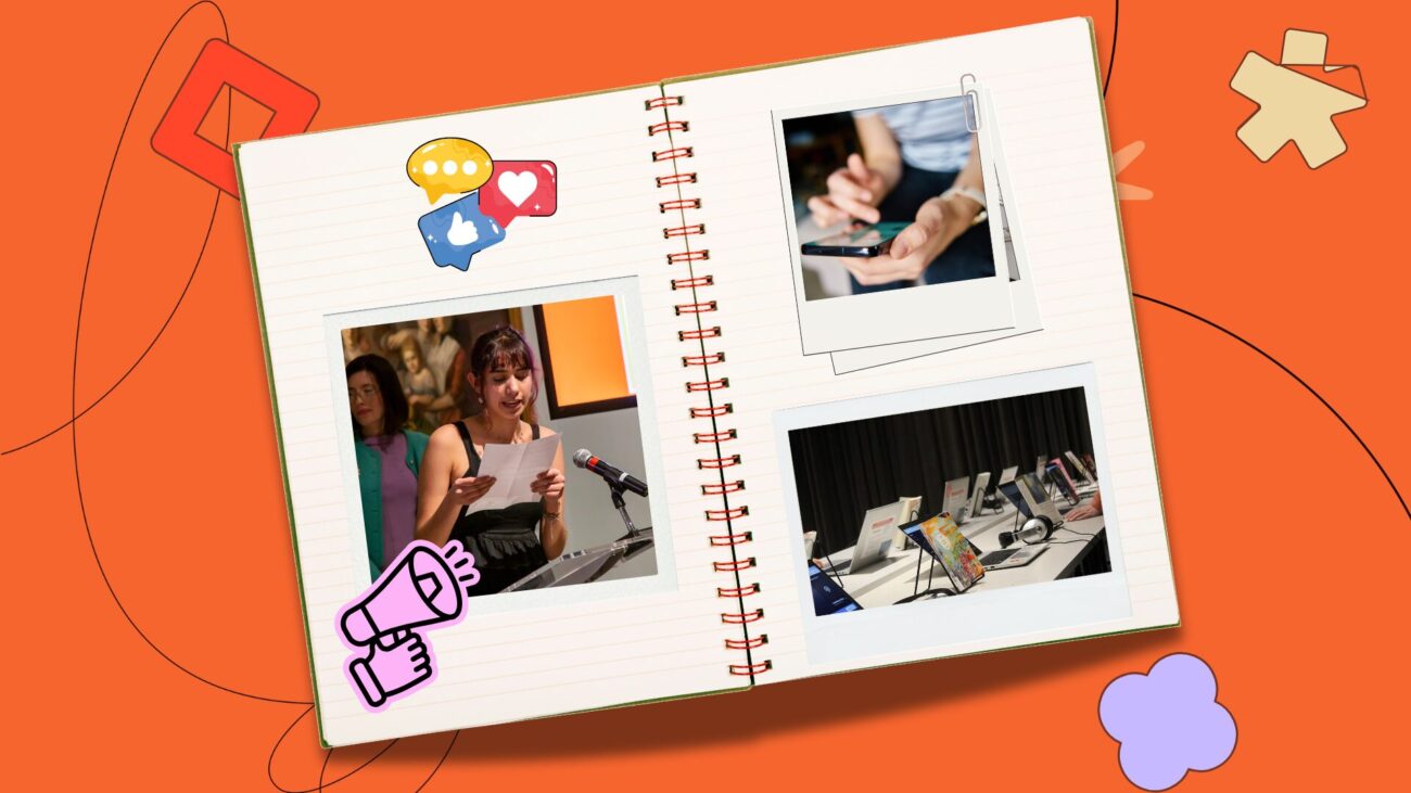 Flat-lay notebook with polaroids of community members on the pages, set against an orange background with illustrative elements.