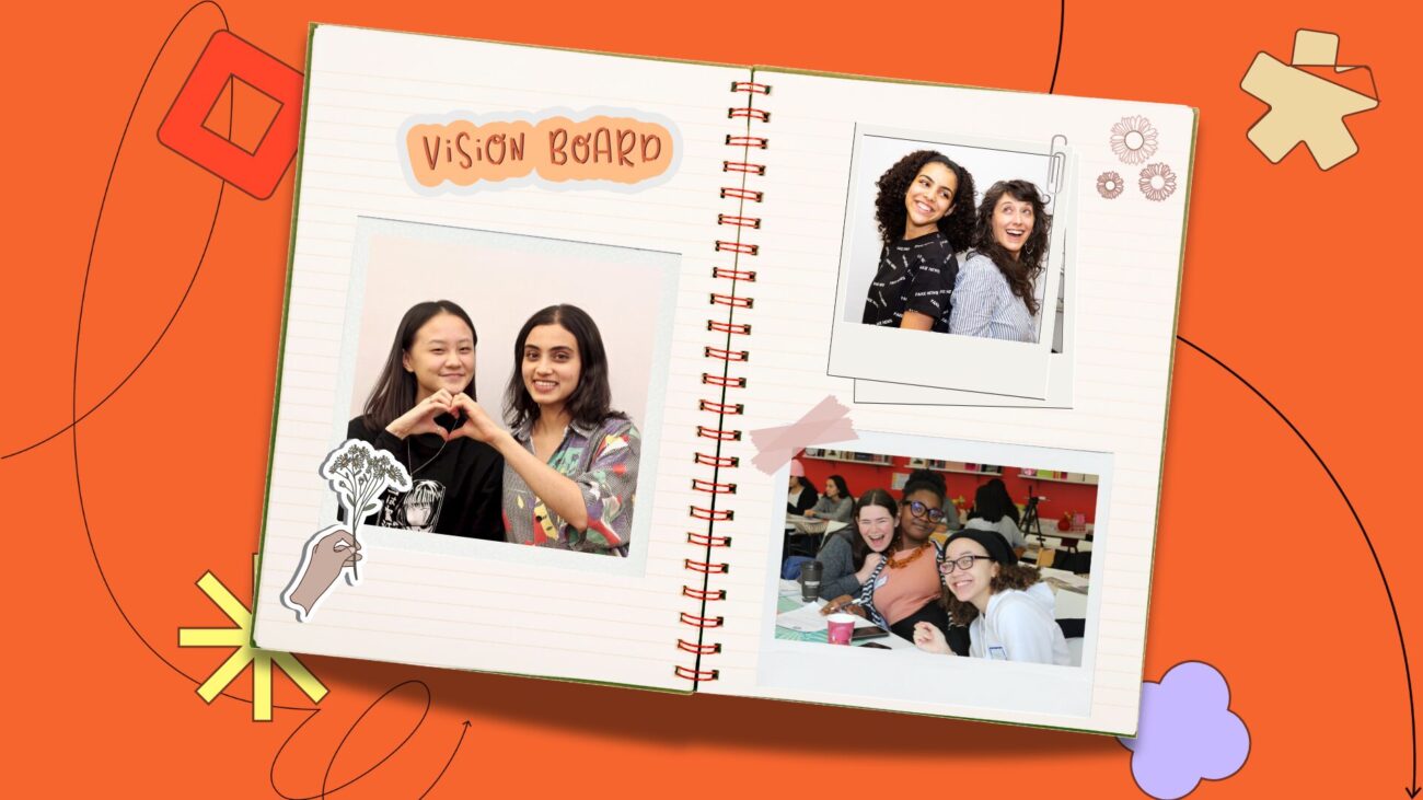 flatlay notebook with polaroids of community members on the pages, set against an orange background with illustrative elements.