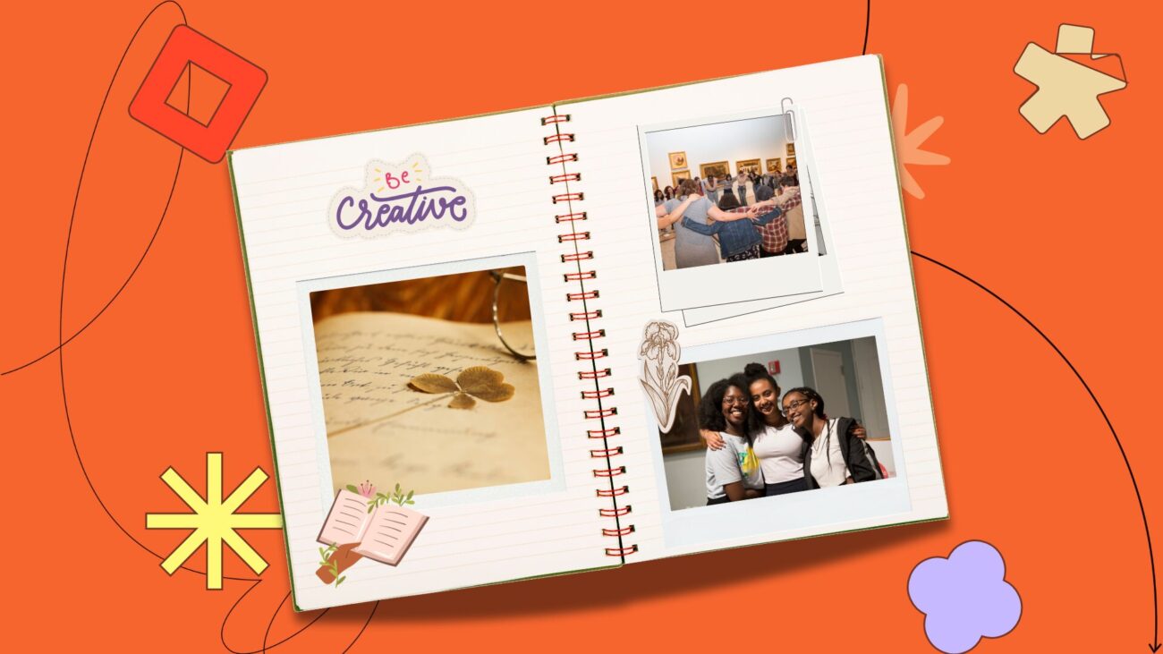 flatlay notebook with polaroids of community members on the pages, set against an orange background with illustrative elements.