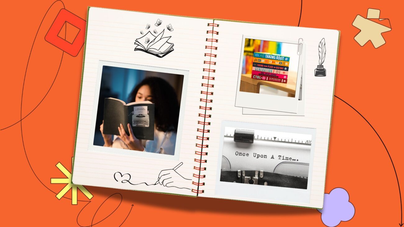 flatlay notebook with polaroids of community members on the pages, set against an orange background with illustrative elements.