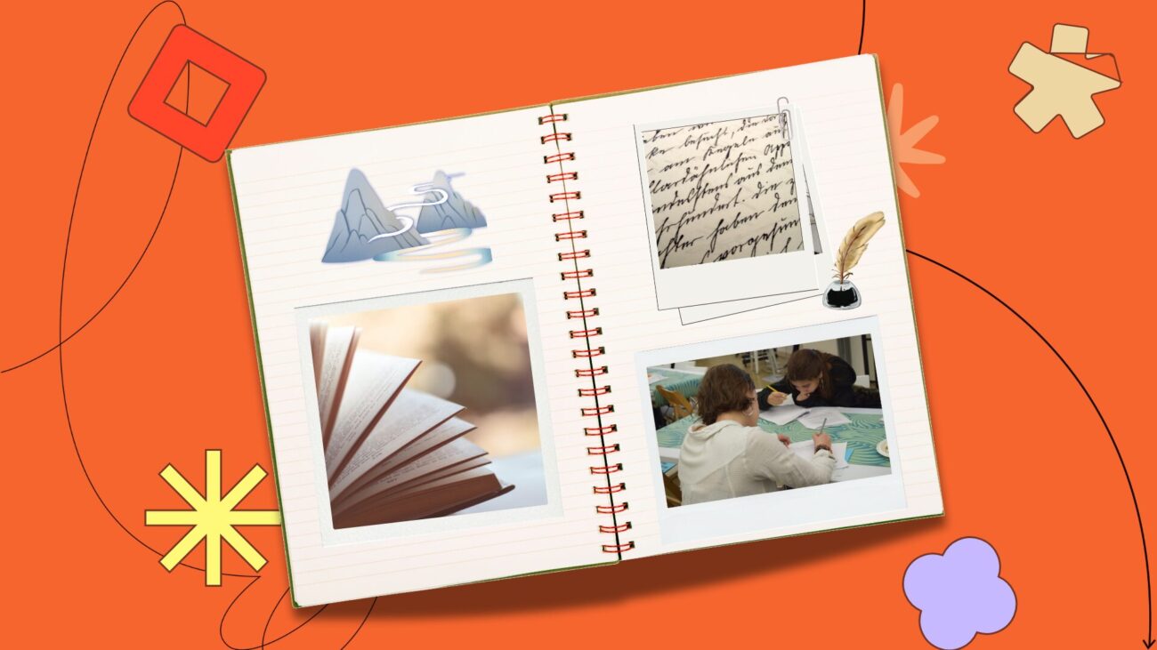 flatlay notebook with polaroids of community members on the pages, set against an orange background with illustrative elements.