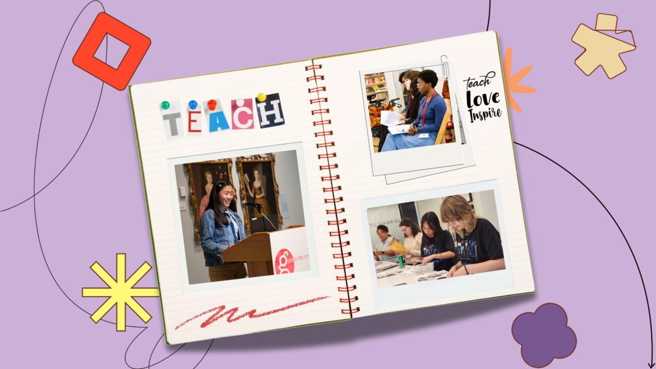 flatlay notebook with polaroids of community members on the pages, set against a purple background with illustrative elements.