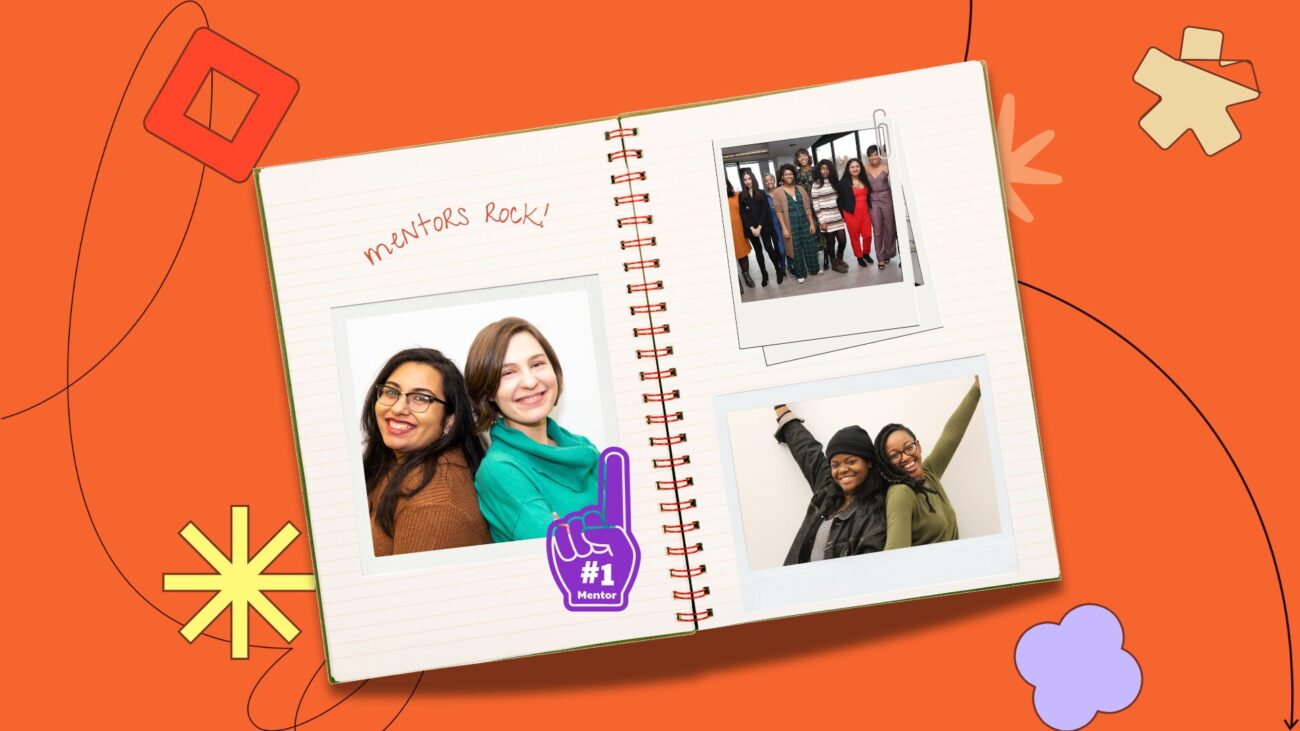 flatlay notebook with polaroids of community members on the pages, set against an orange background with illustrative elements.