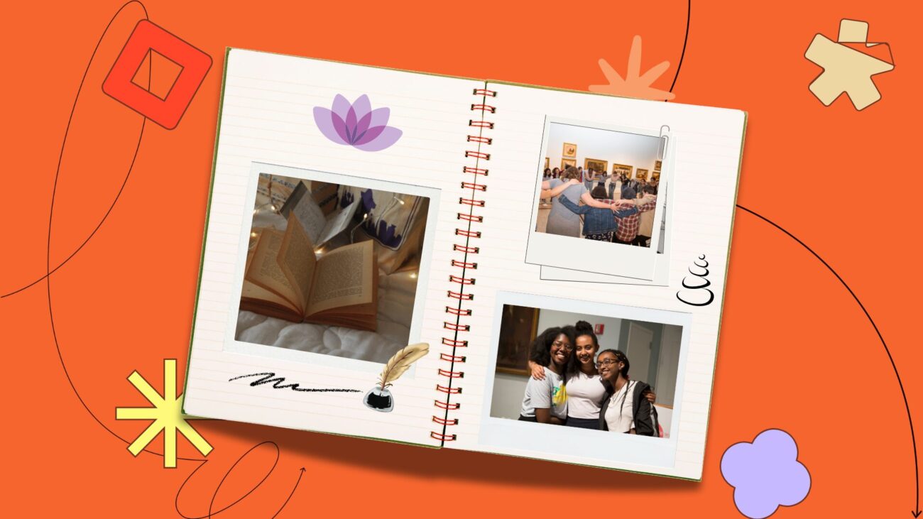 flatlay notebook with polaroids of community members on the pages, set against an orange background with illustrative elements.