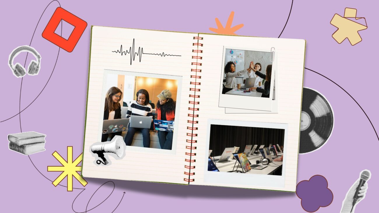flatlay notebook with polaroids of community members on the pages, set against a purple background with illustrative elements.