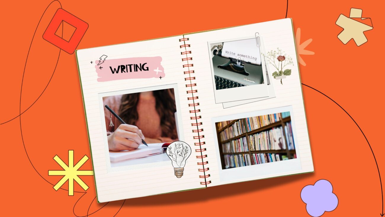 flatlay notebook with polaroids of community members on the pages, set against an orange background with illustrative elements.