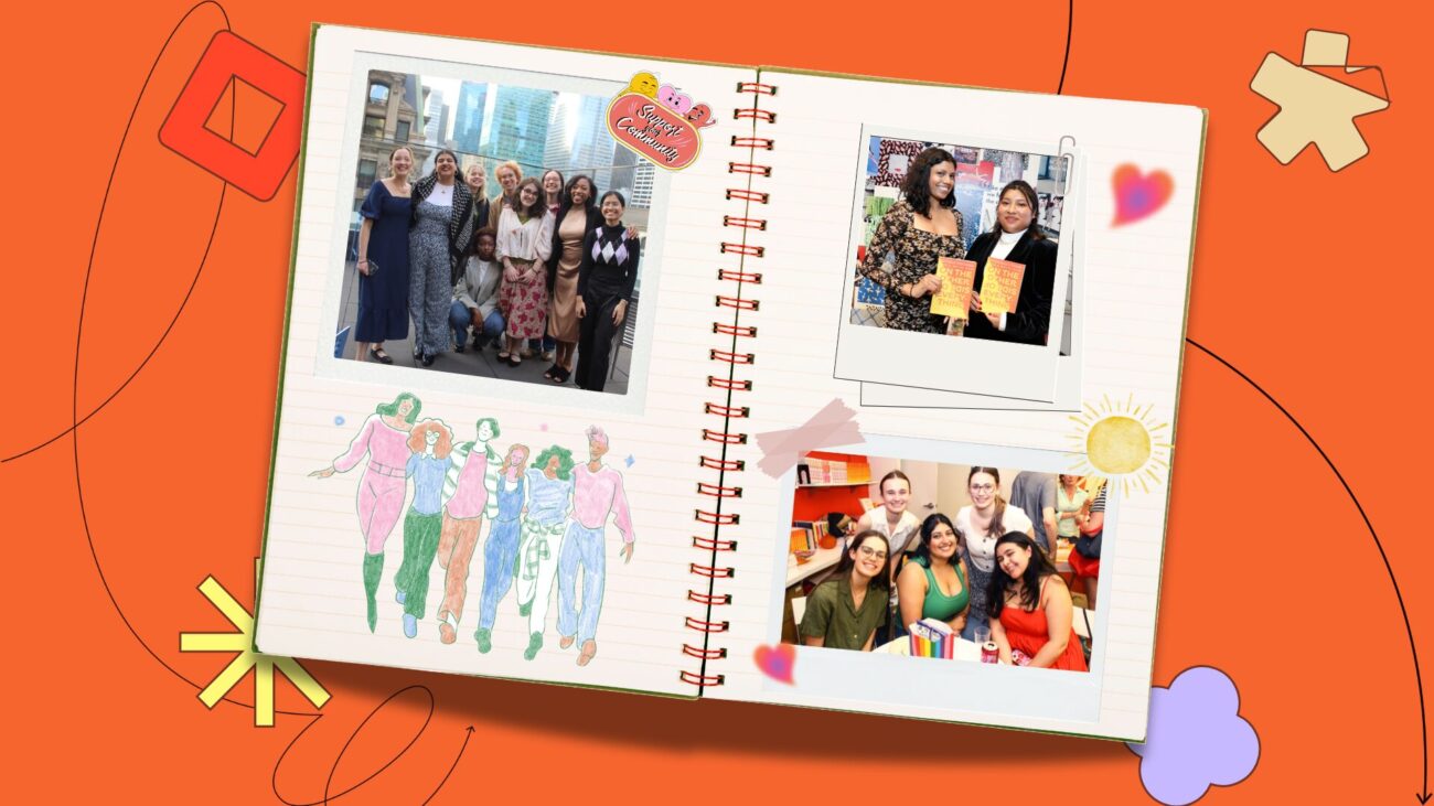 flatlay notebook with polaroids of community members on the pages, set against an orange background with illustrative elements.