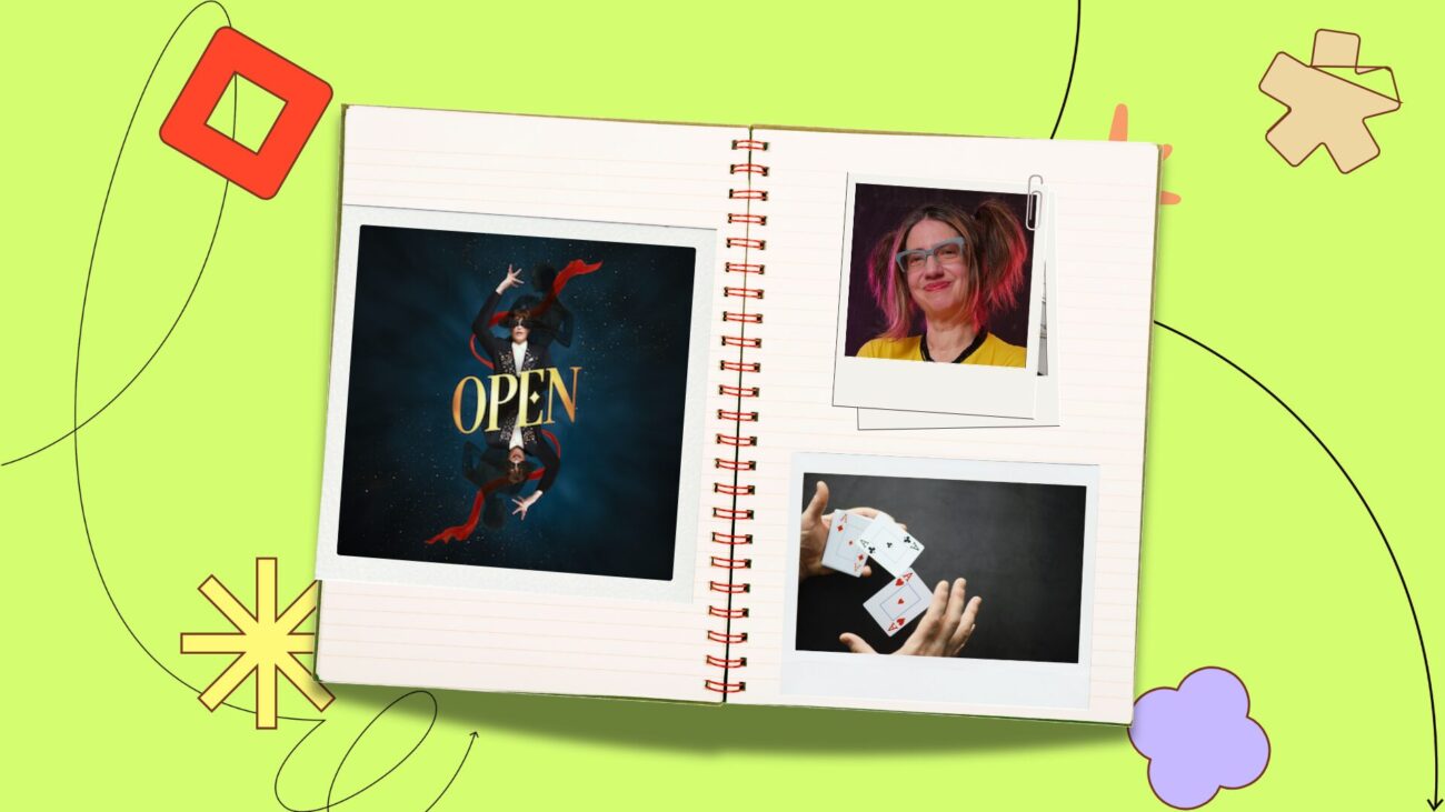 notebook with "Open" poster showing a woman dressed as a magician, photos of Crystal Skillman and cards, design elements in the background