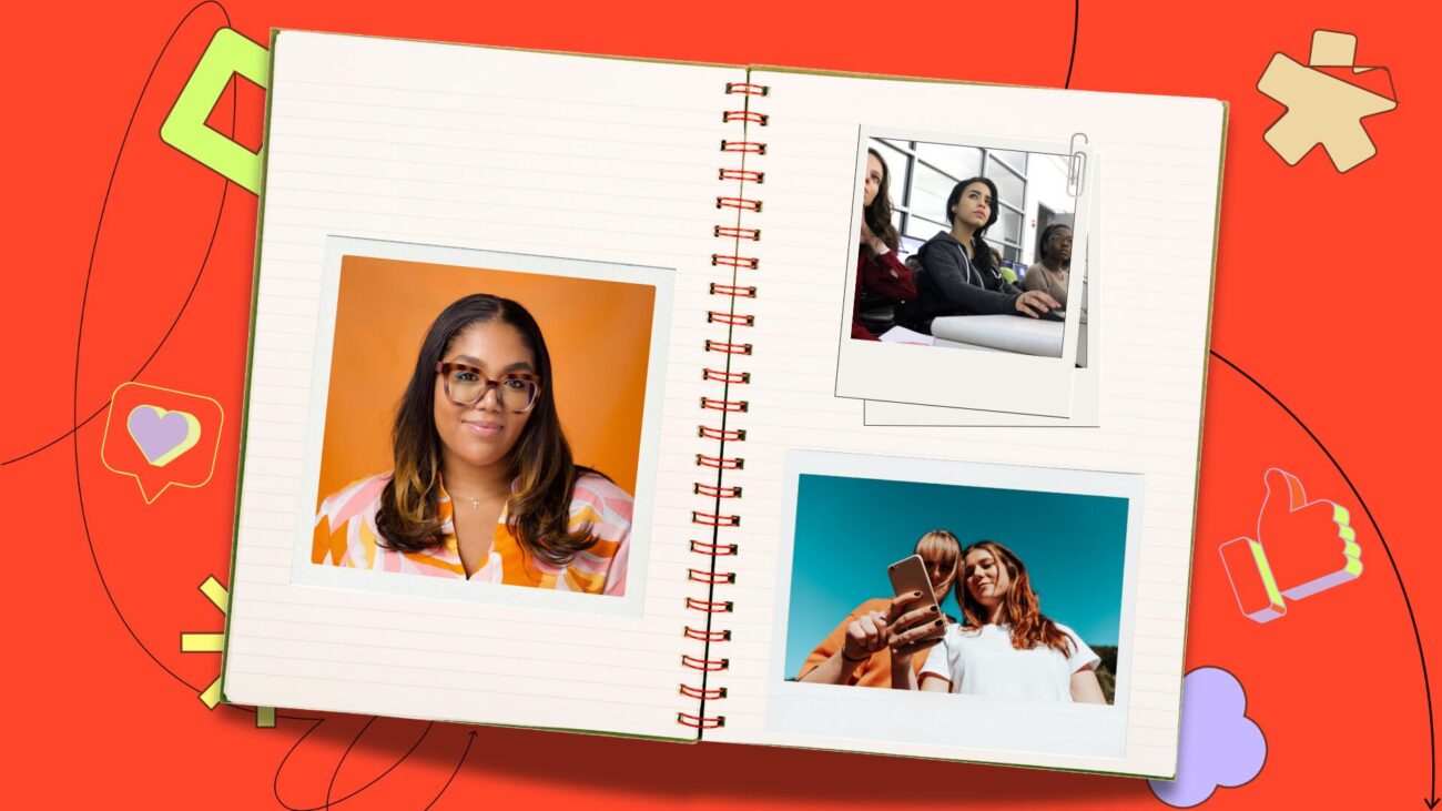 Flat-lay notebook with polaroids of community members on the pages, set against an orange background with illustrative elements.