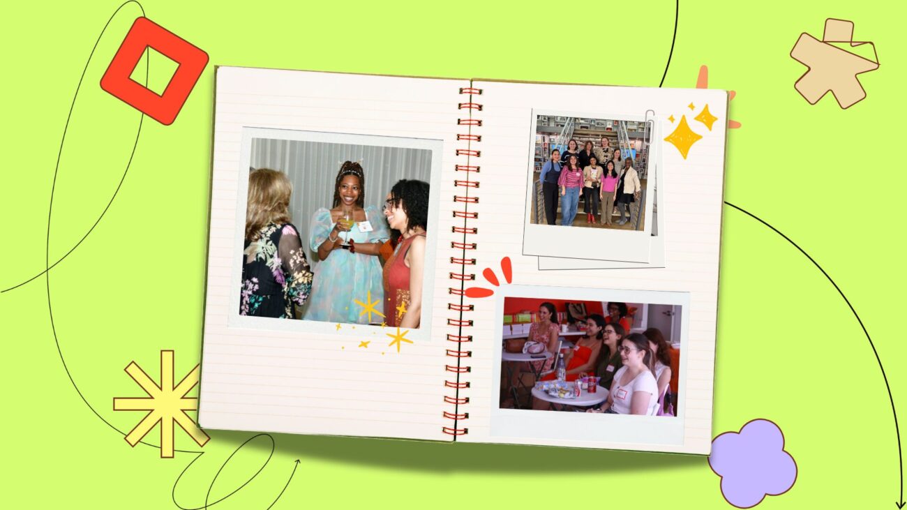 notebook with "Open" poster showing a woman dressed as a magician, photos of Crystal Skillman and cards, design elements in the background