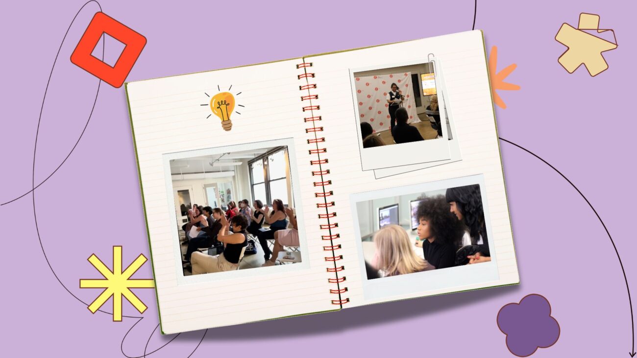 flatlay notebook with polaroids of community members on the pages, set against a purple background with illustrative elements.