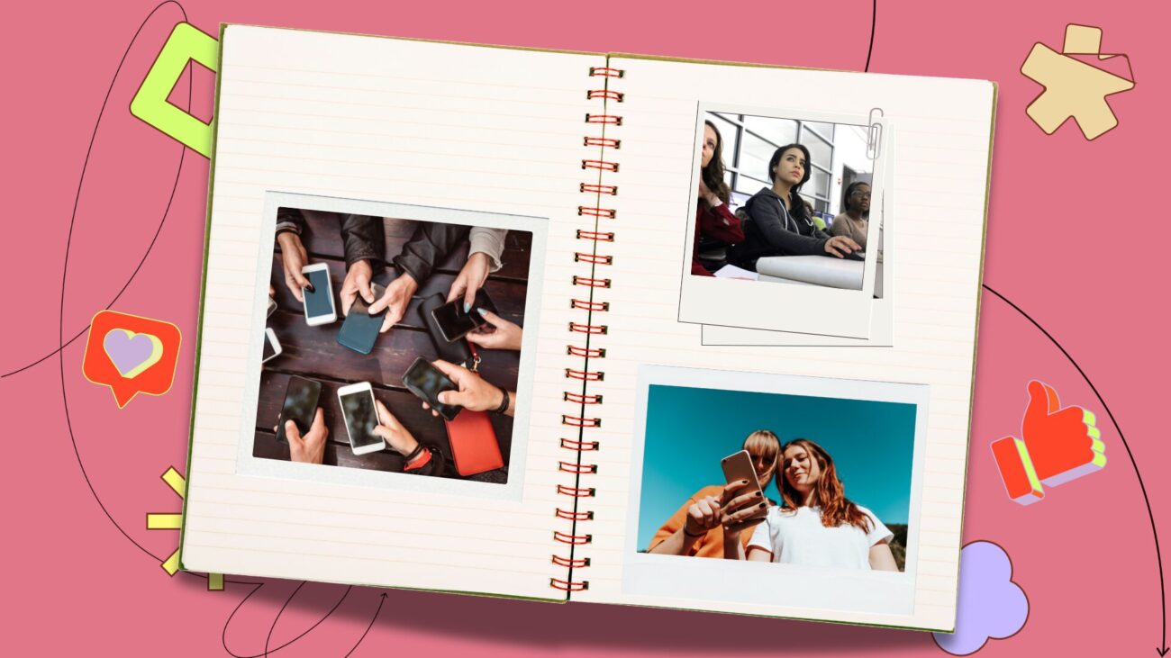 pink background, flatlay notebook with polaroids of community members on the pages, with illustrative elements.