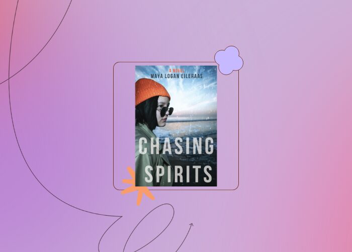 illustrative elements on purple background with the cover for Chasing Spirits book