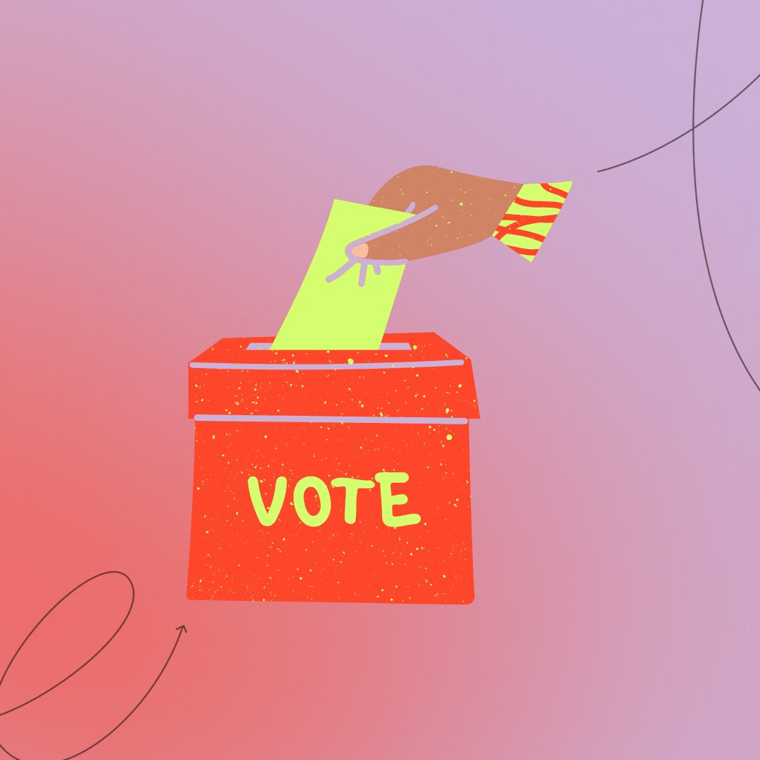 a drawing of a hand inserting a ballot into a box that says vote
