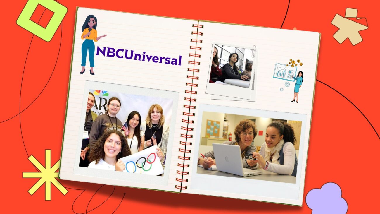 flatlay notebook with pictures of community members and NBCUniversal logo on the pages, set against a red-orange background with illustrative elements