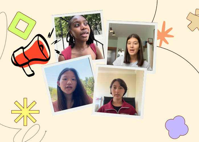 photos of young women speaking with a drawing of a megaphone next to them, illustrative doodles