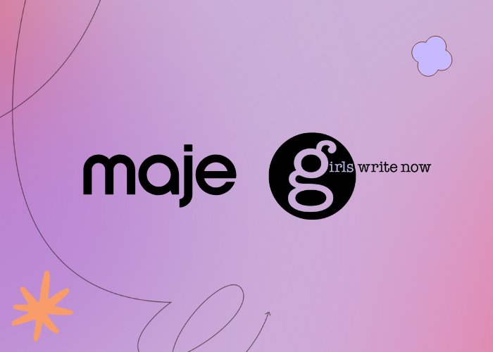 logos of Maje and Girls Write Now on a purple ombre background with small illustrative doodles
