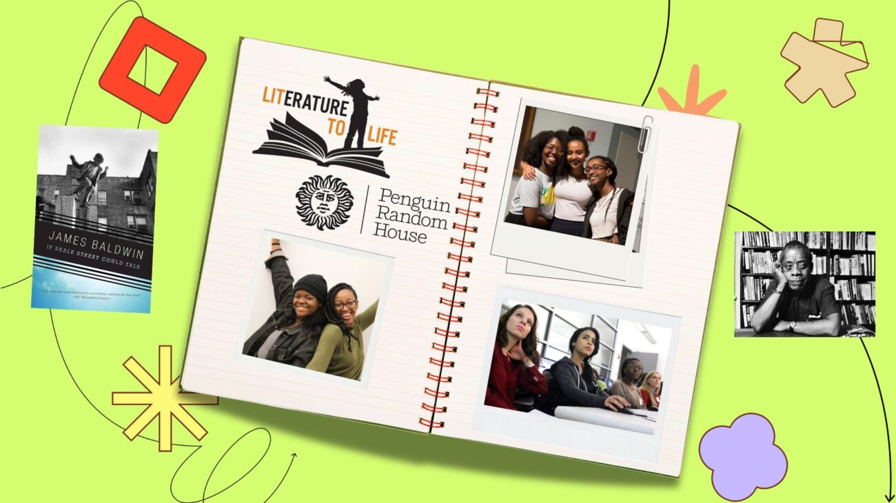 flatlay notebook with polaroids of community members, Literature to Life logo, and Vintage PRH logo on the pages, set against a chartreuse background with illustrative elements If Beale Street Could Talk book cover Photo of James Baldwin