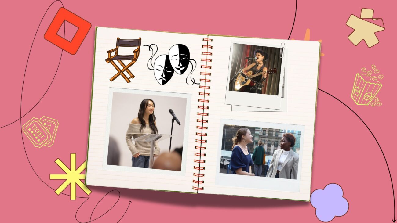 flatlay notebook with polaroids of community members, director's chair, and comedy/tragedy masks on the pages, set against a red-orange background with illustrative elements