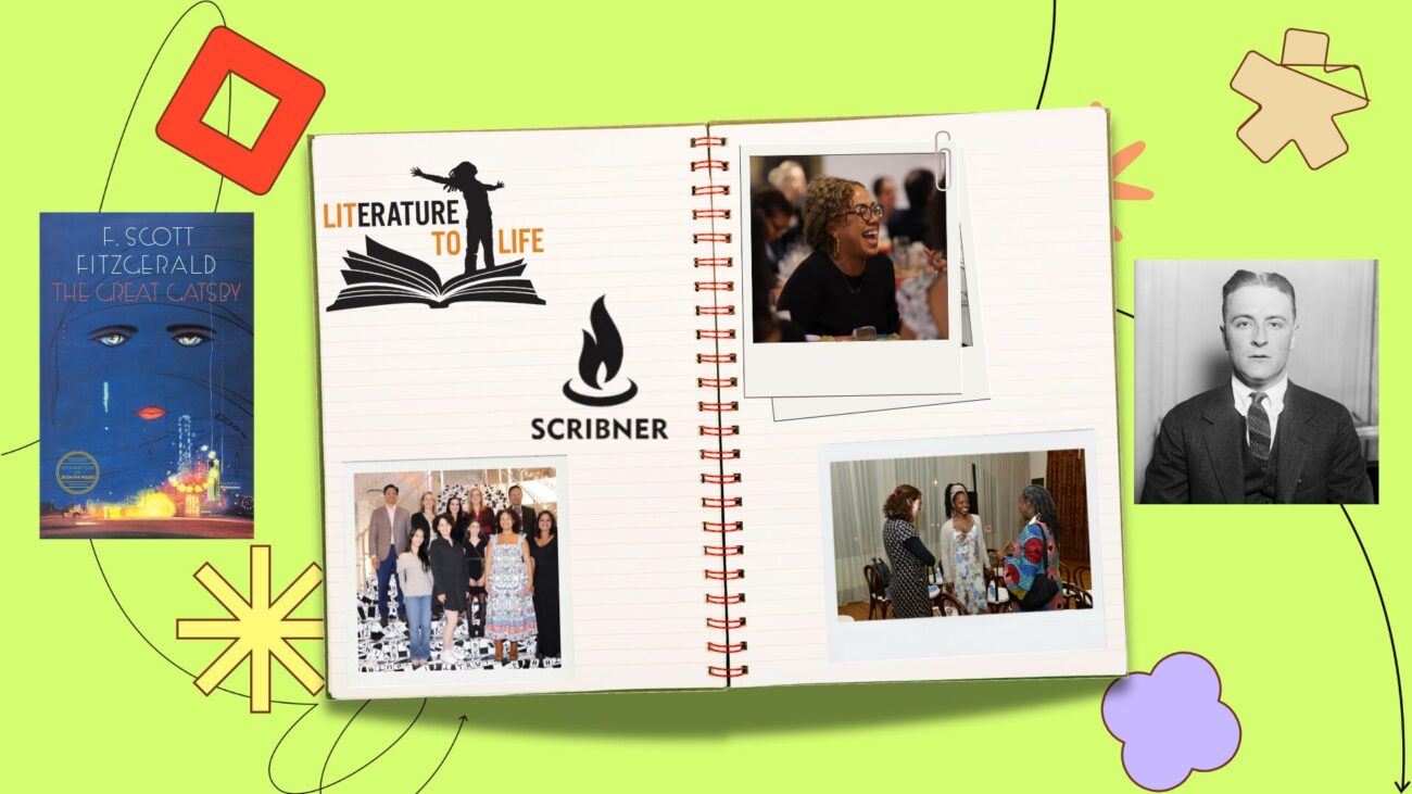 flatlay notebook with polaroids of community members, Literature to Life logo, and Scribner logo on the pages, set against a chartreuse background with illustrative elements The Great Gatsby book cover Photo of F. Scott Fitzgerald