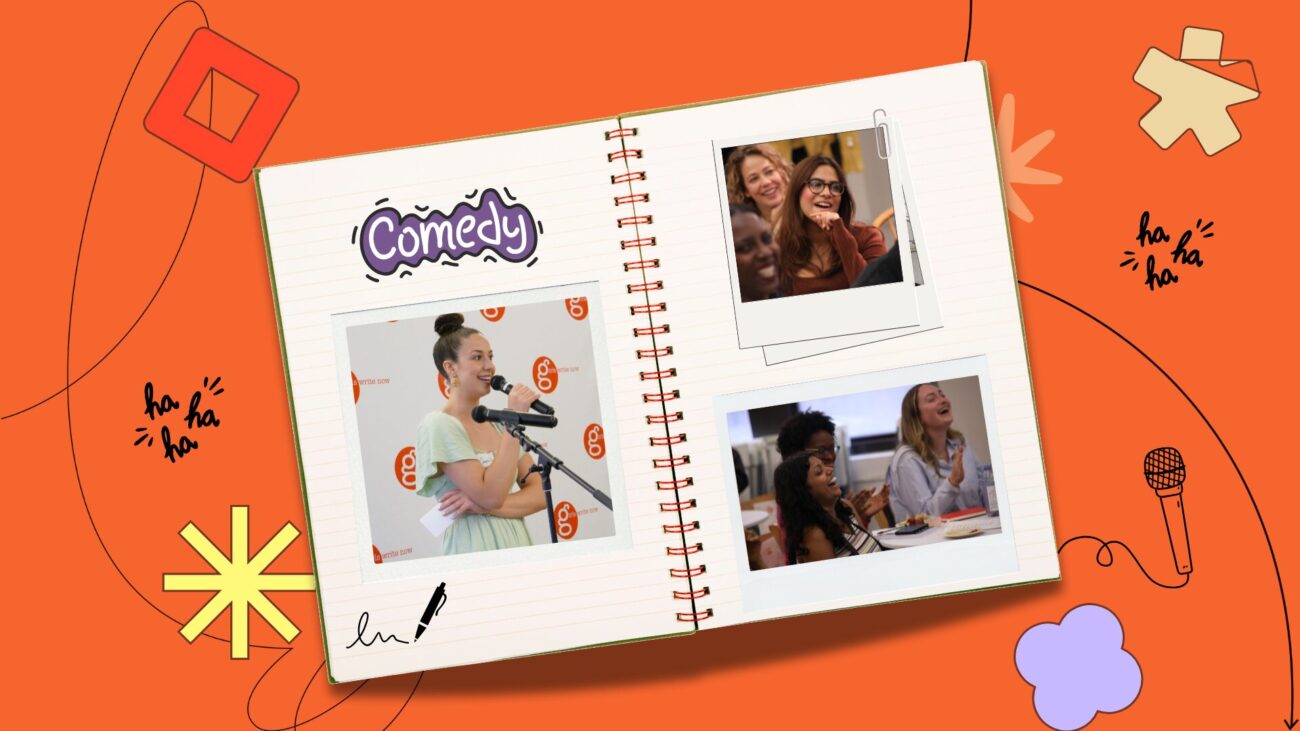 flat-lay notebook with polaroids on an orange background