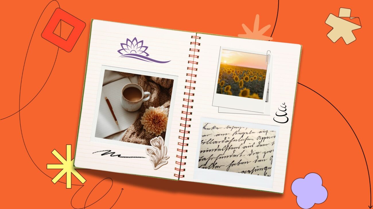 flat-lay notebook with polaroids on an orange background