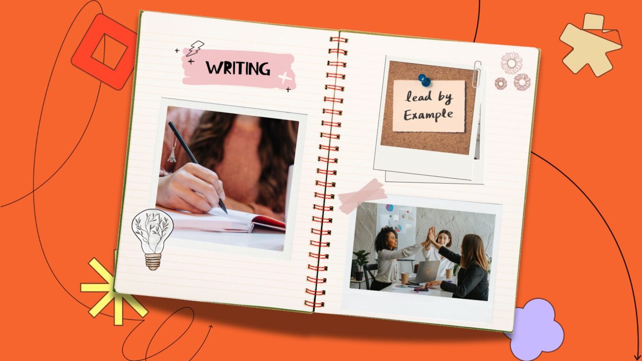 flat-lay notebook with polaroids on an orange background