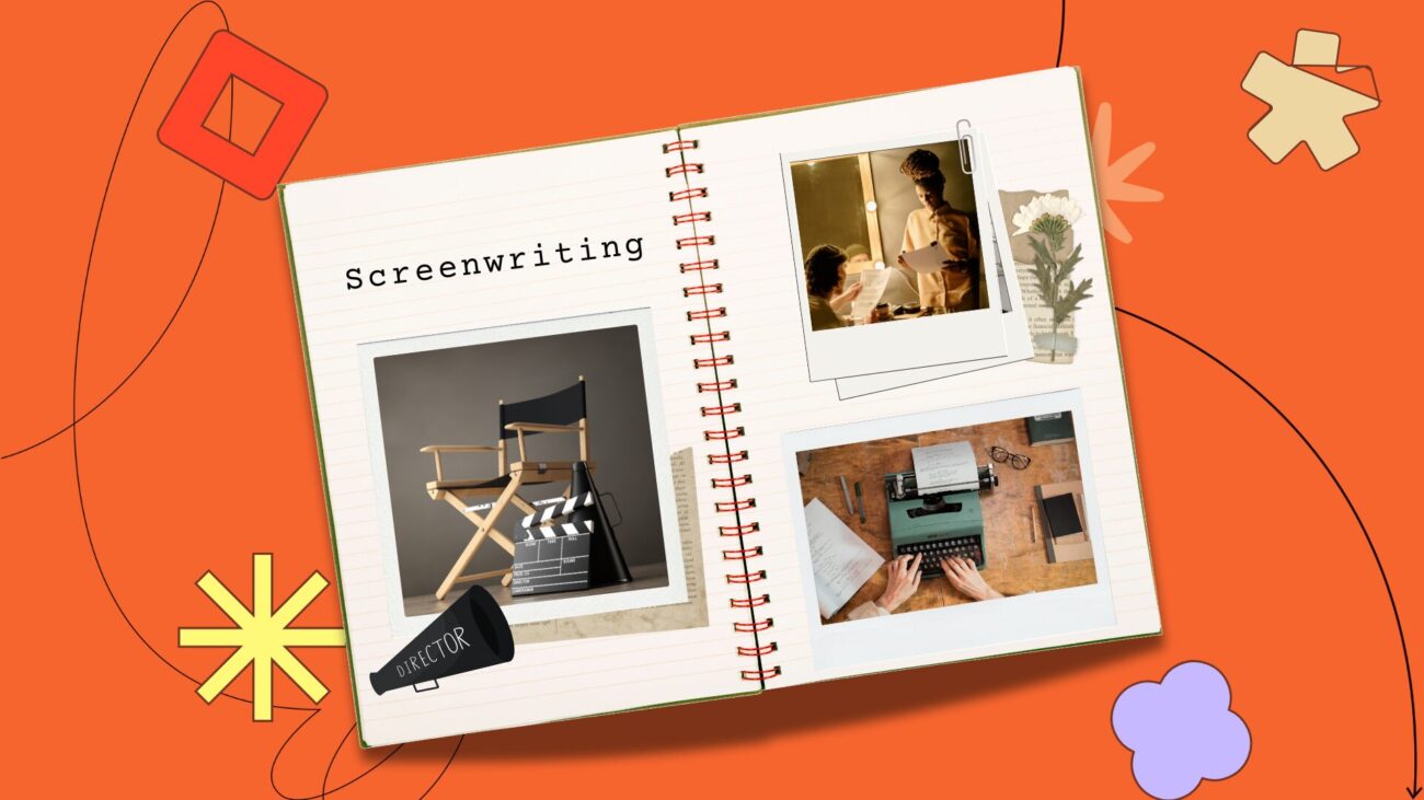 flat-lay notebook with polaroids on an orange background