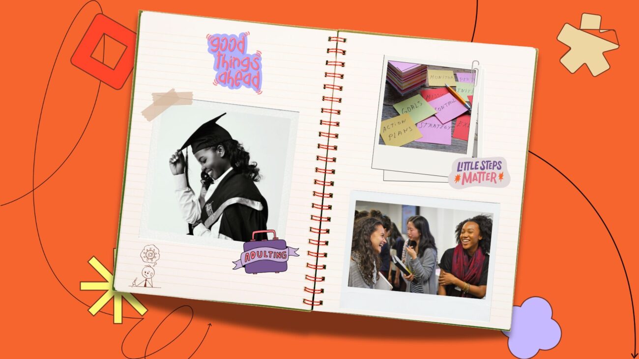 flat-lay notebook with polaroids on an orange background