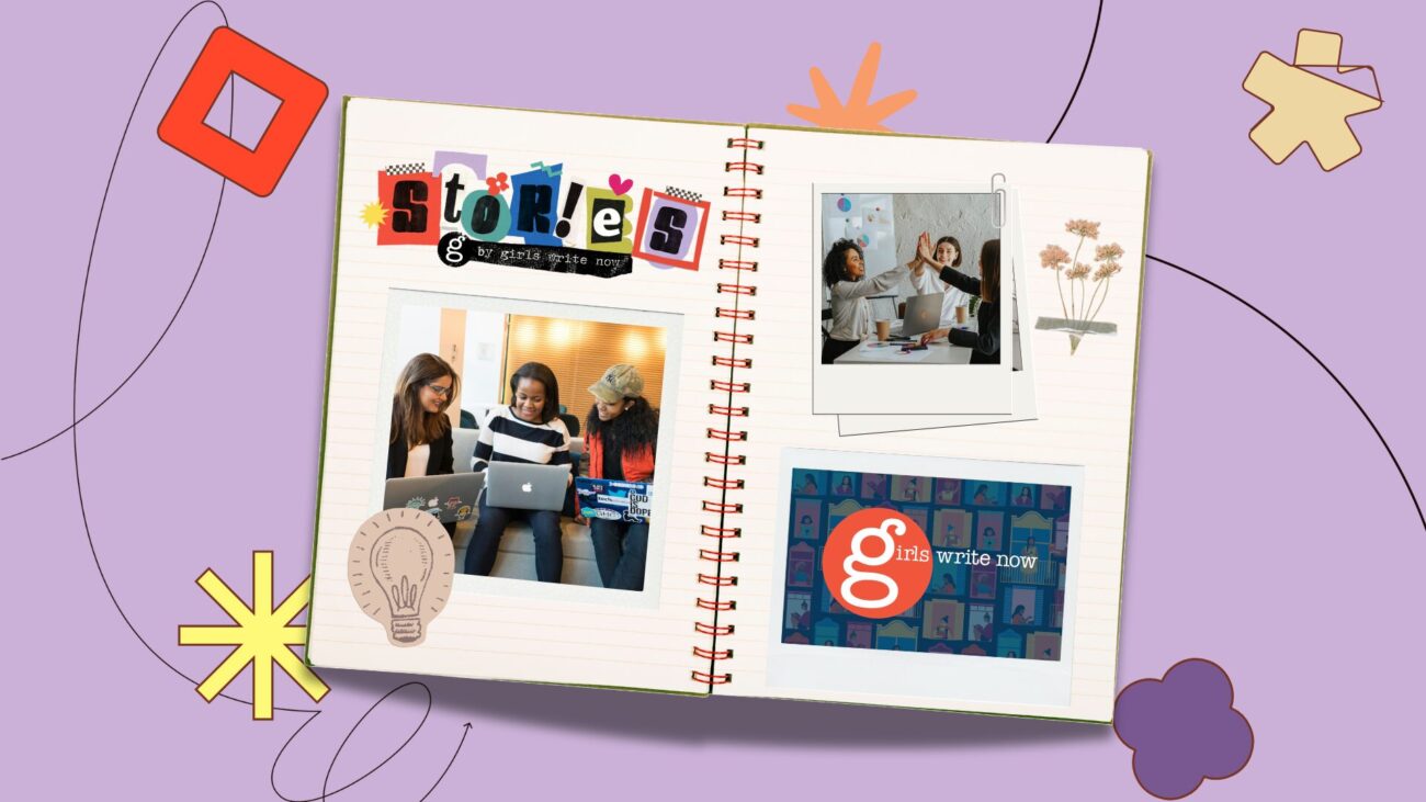 flat-lay notebook with polaroids on a light purple background