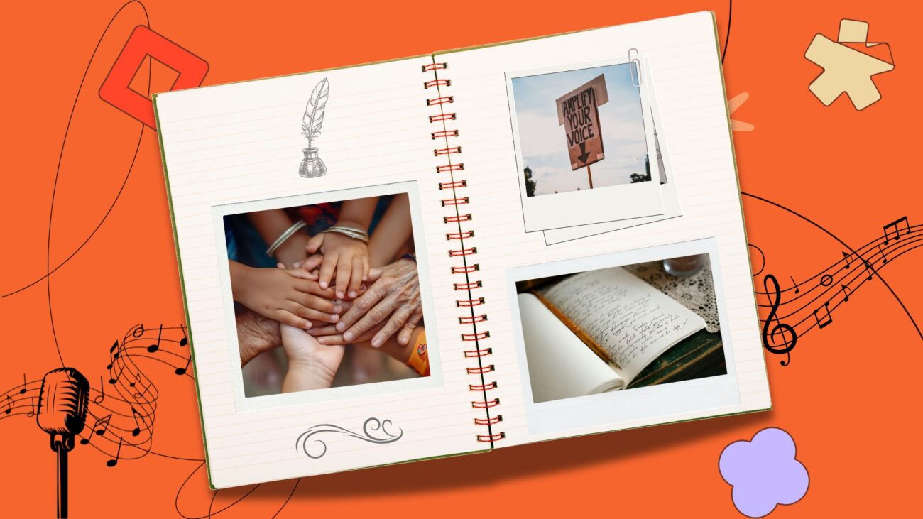 flat-lay notebook with polaroids on an orange background