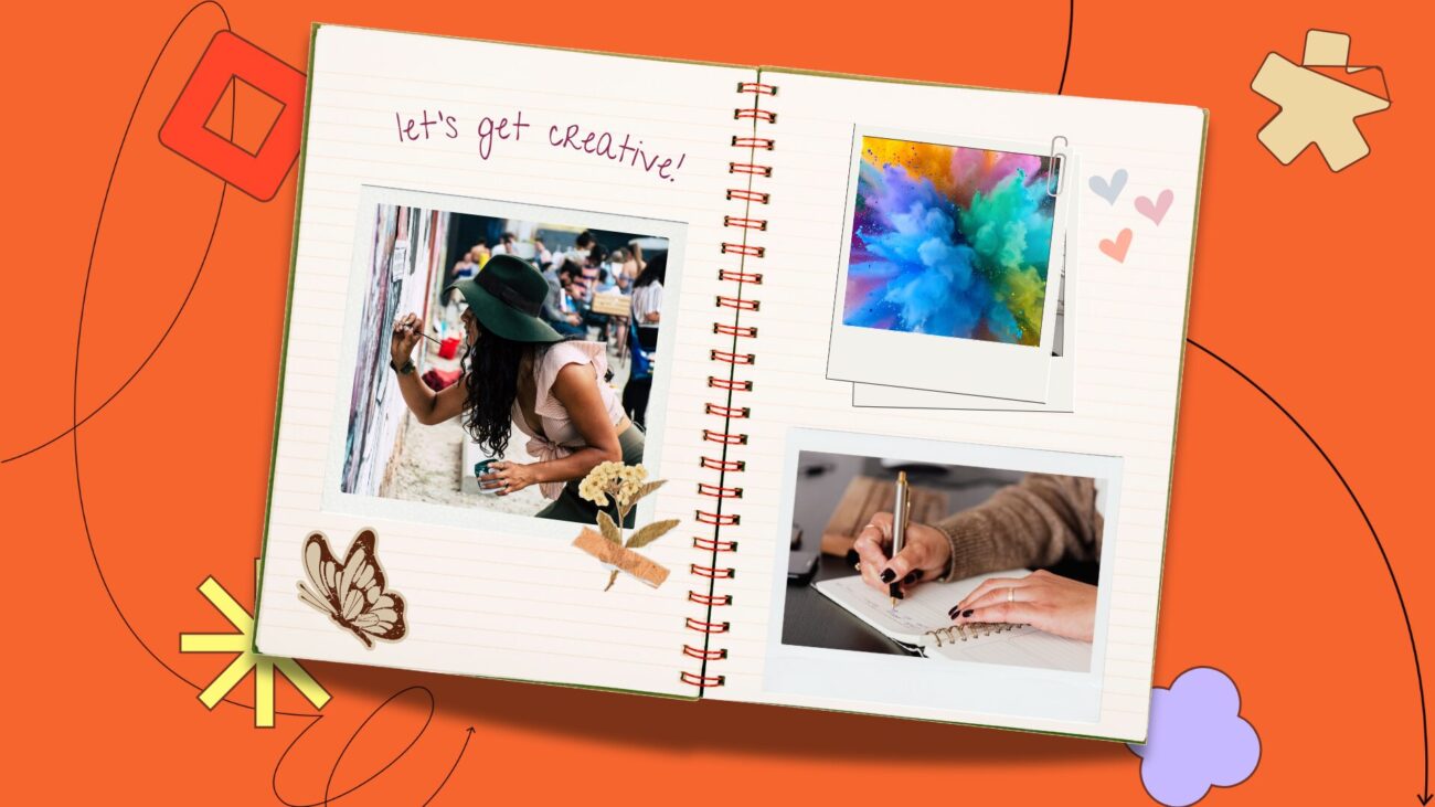 flat-lay notebook with polaroids on an orange background