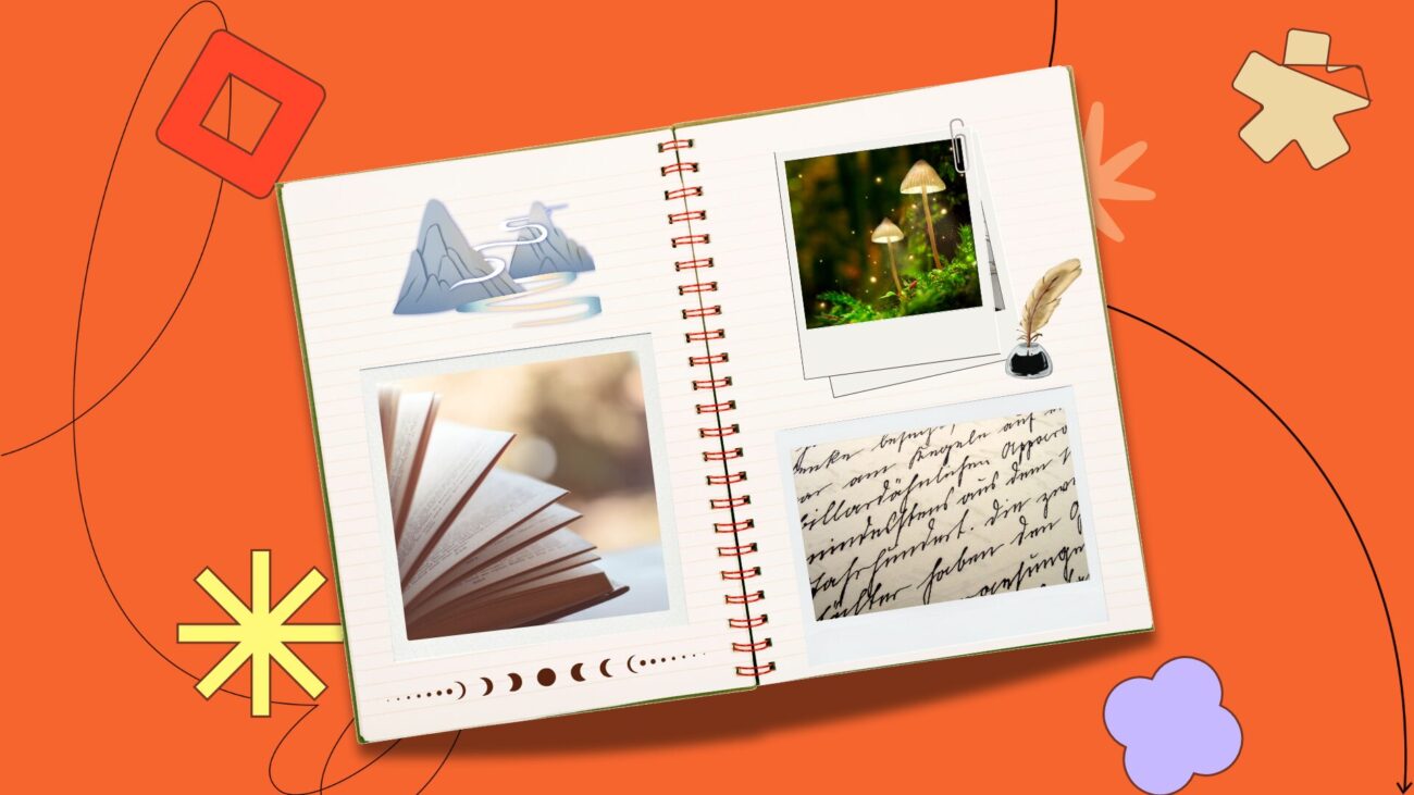 flat-lay notebook with polaroids on an orange background