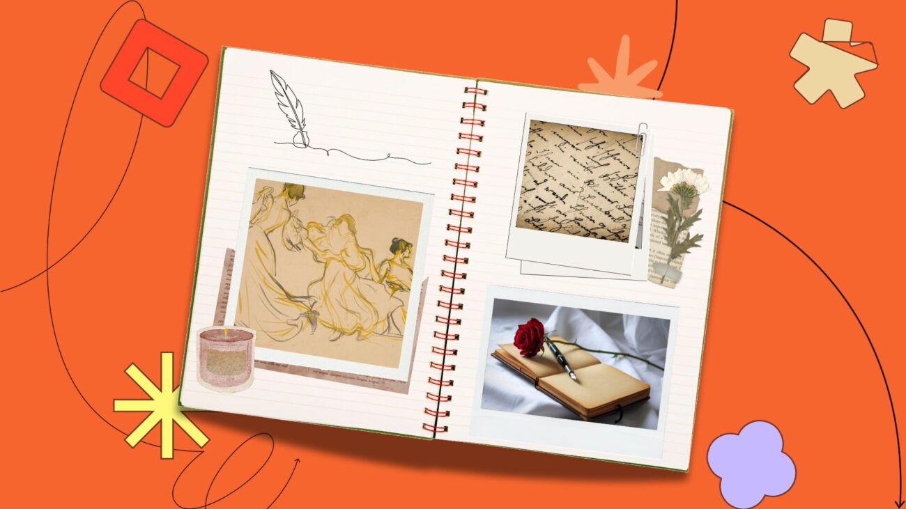 flat-lay notebook with polaroids on an orange background