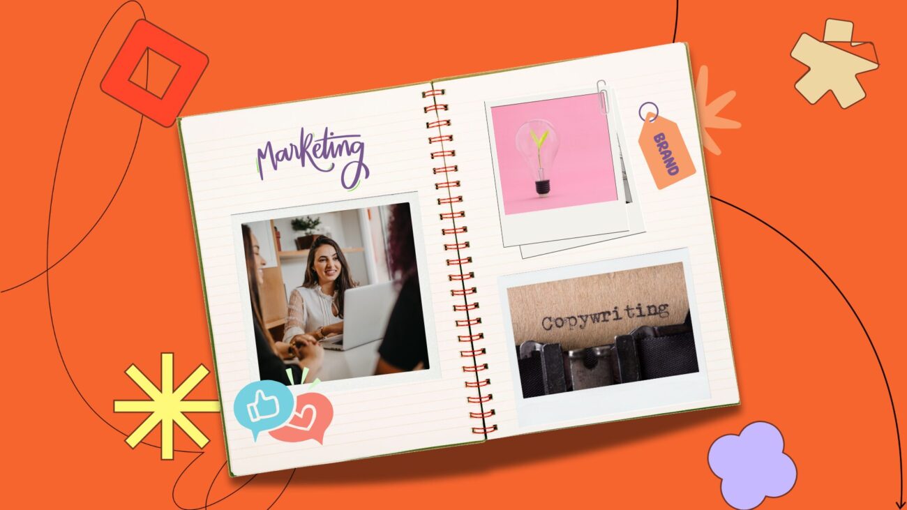 flat-lay notebook with polaroids on an orange background