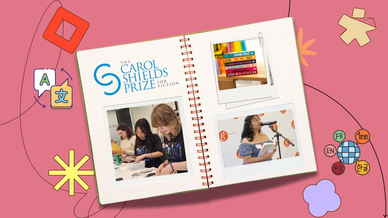 flatlay notebook with polaroids of community members and The Carol Shields Prize for Fiction logo on the pages, set against a salmon background with illustrative elements.