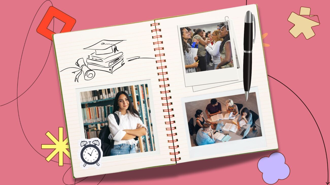 flatlay notebook with polaroids of community members set on a pink background