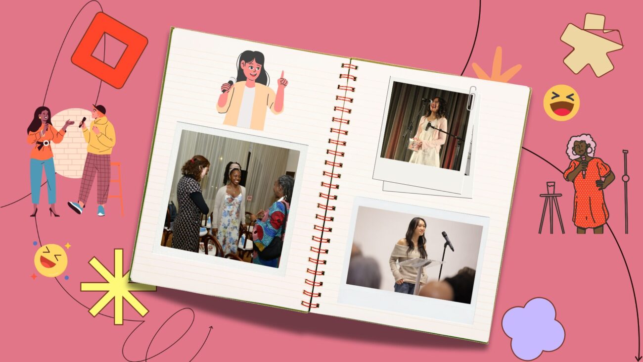 flatlay notebook with polaroids of community members on the pages, set against a salmon background with illustrative elements