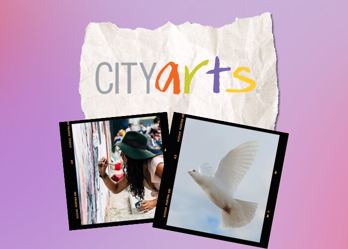 cityarts logo, photos of a dove and a girl painting a mural