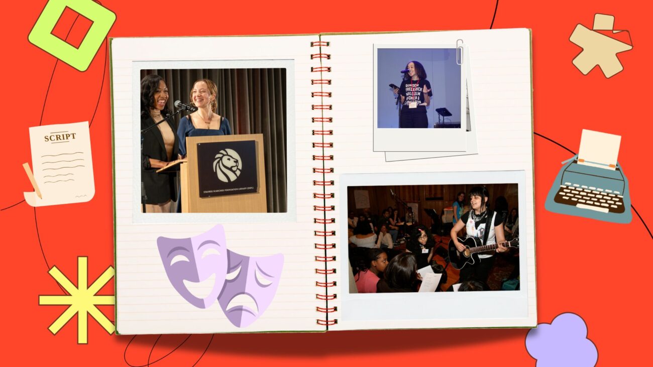 flatlay notebook with polaroids of community members on the pages, set against a red-orange background with illustrative elements