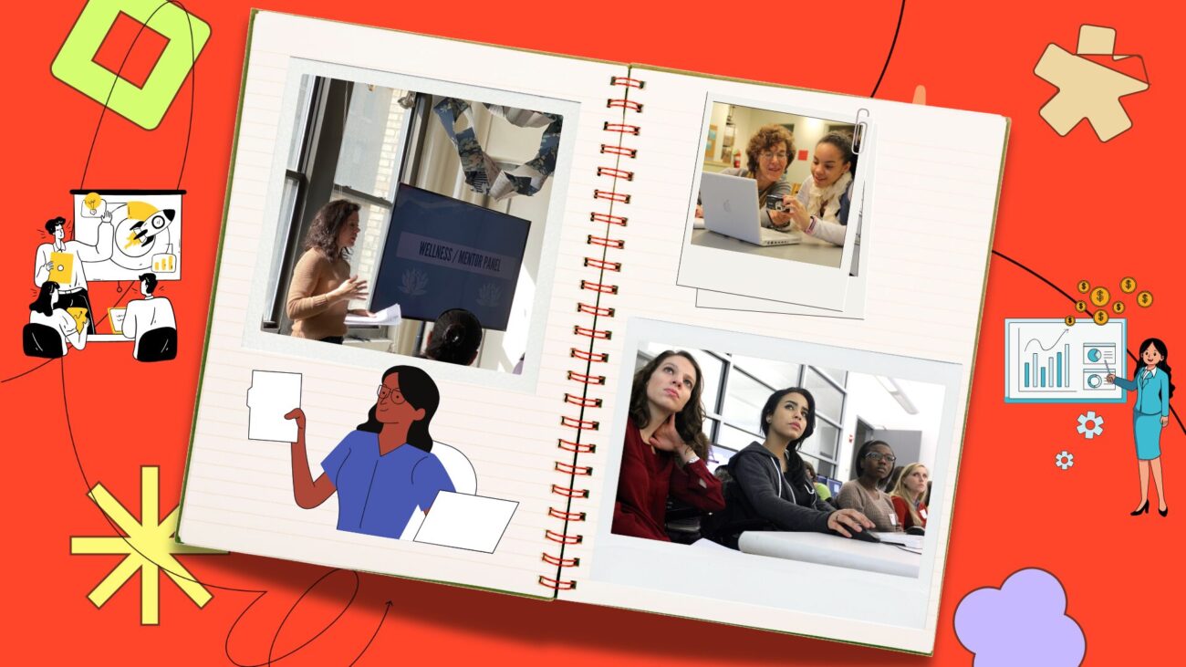 flatlay notebook with polaroids of community members on the pages, set against a red-orange background with illustrative elements